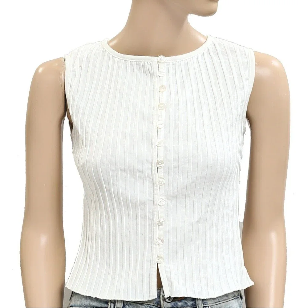 Free People Tilly Vest Blouse Top Knit Ribbed Buttondown Scoop-Neck L 286207 - Picture 7 of 9
